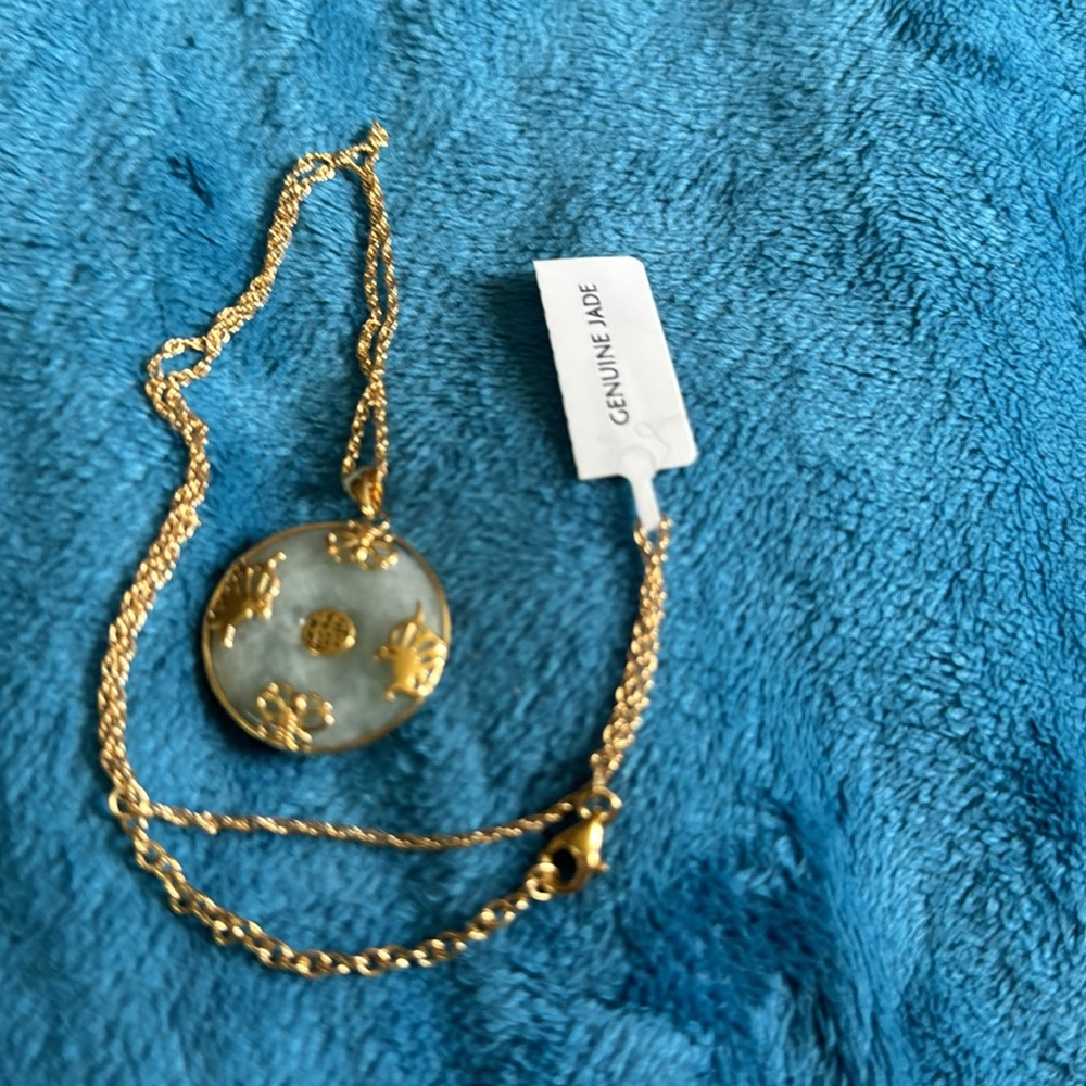 New! Never worn 18k Gold over Sterling Silver Jade Pendant with Adjustable Chain